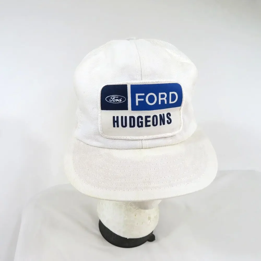Hudgeons Ford Trucker Hat, White Blue, Snapback Louisville MFG Made In USA 1980s